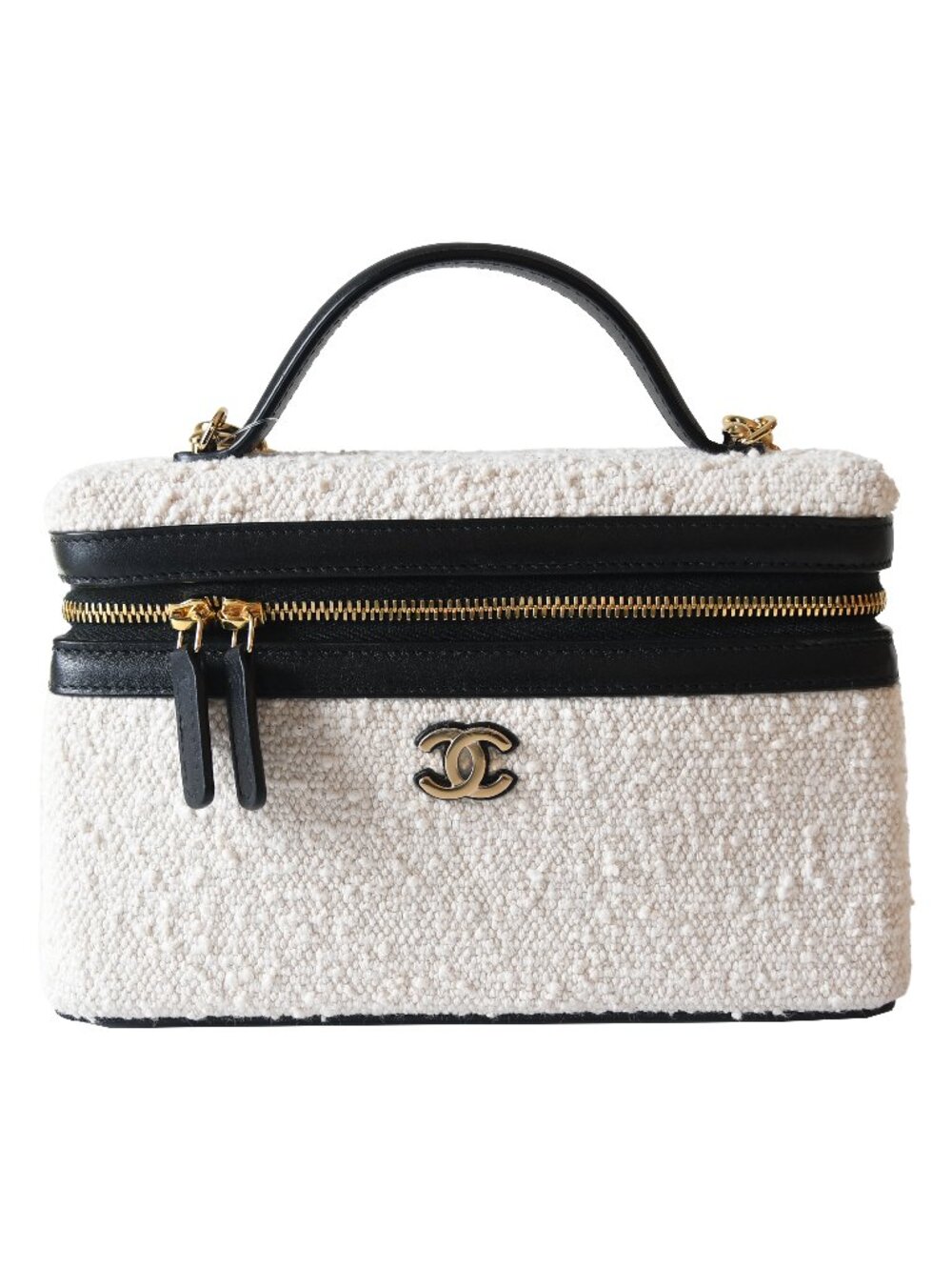 Chanel Coco Beach L19 Top Handle Long Vanity Case with Chain Ecru Tweed Black